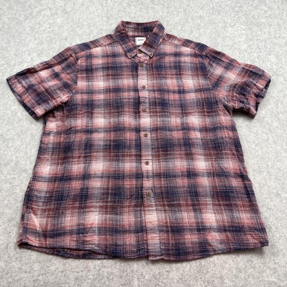 ROWM Shirt Mens XL Pink Blue Plaid Short Sleeve Woven Cotton Button Up Casual